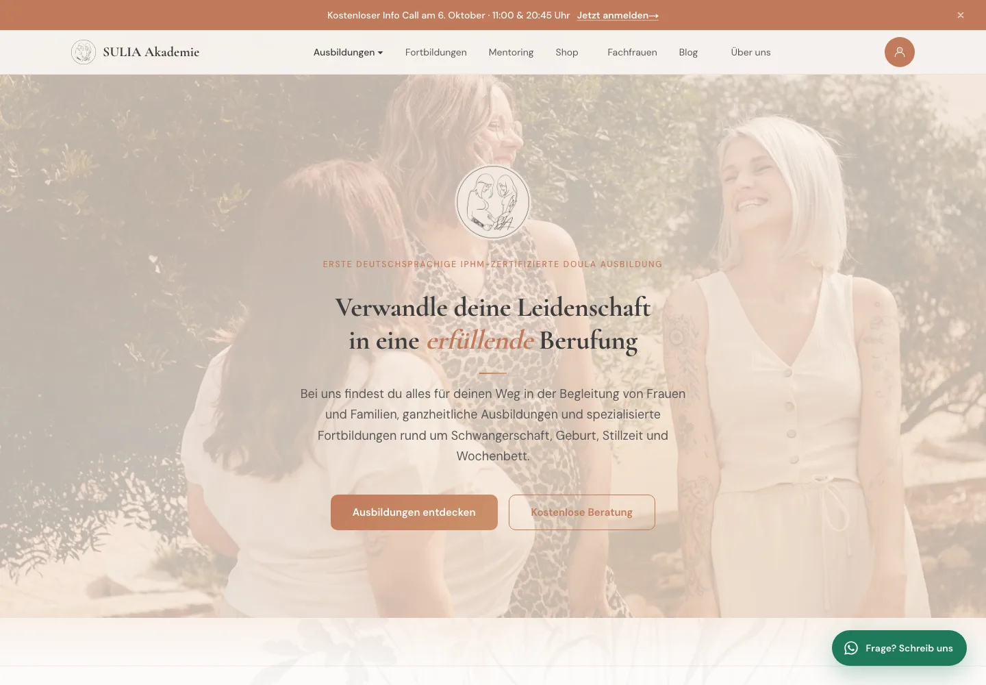 SULIA Akademie homepage with warm photography, course navigation and consultation links.